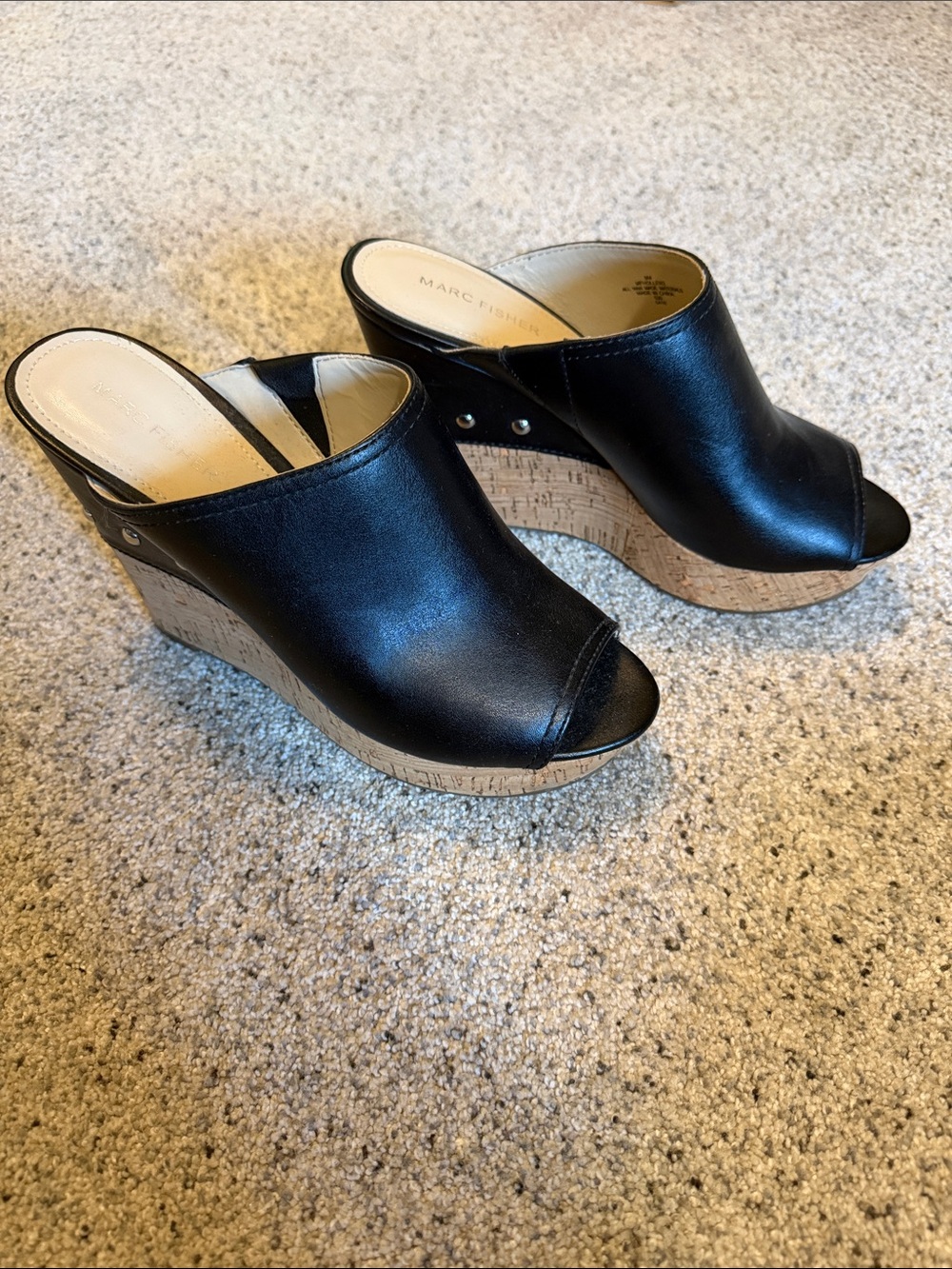 Marc Fisher Black Leather Open-Toe Cork Wedge Mules